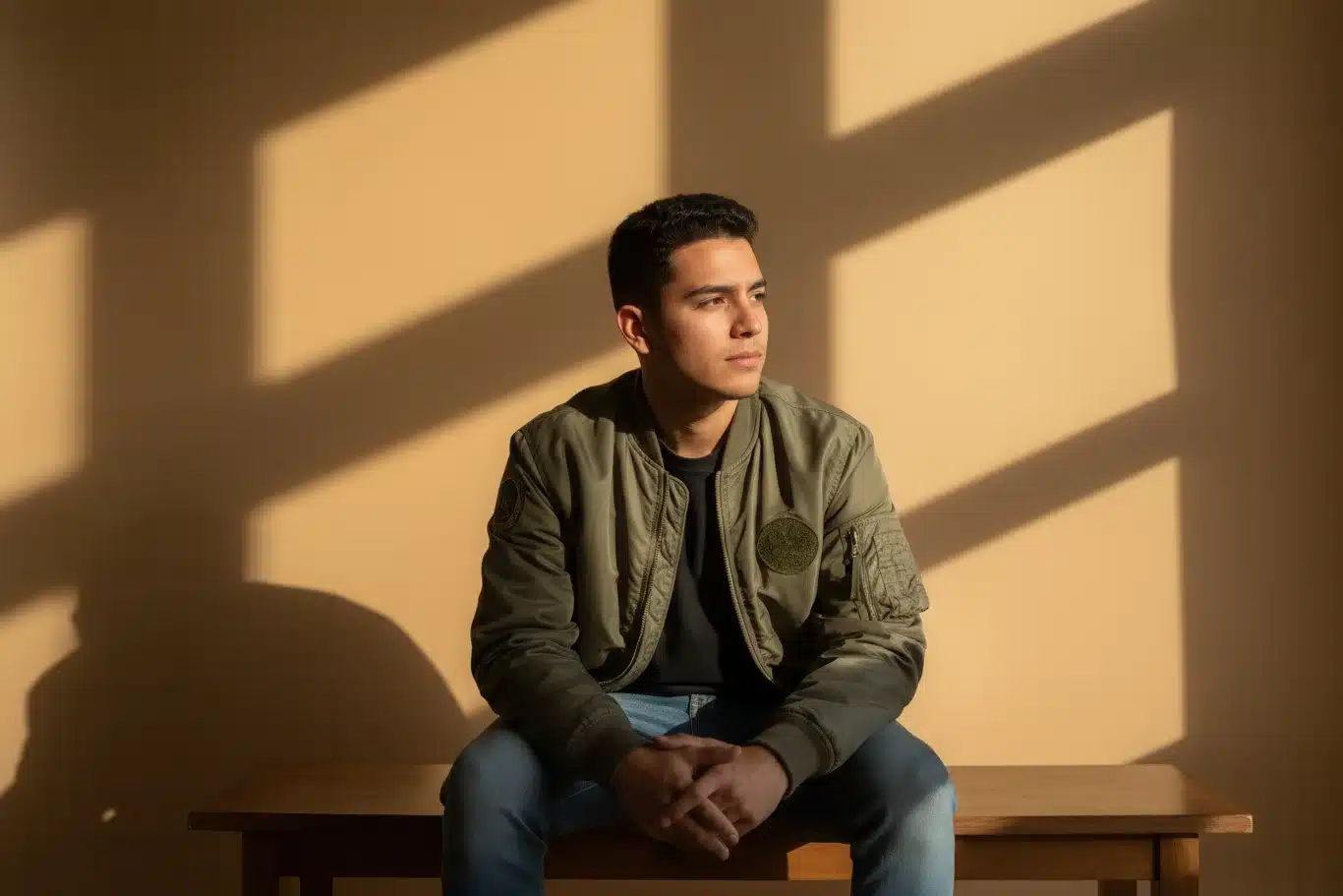 chest masculinization patient sitting in sunlit room denver young man sitting on a bench after inverted t top surgery